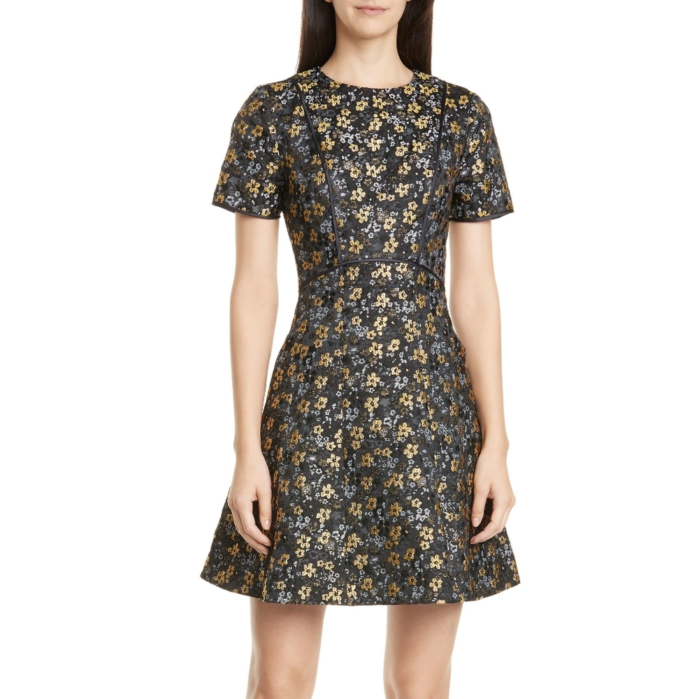 Ted Baker London Black Mini Formal Dress with Gold Metallic Flowers Size 1